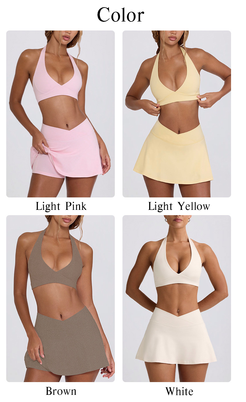 Women's Halter V Neck Bra Tennis Skirt Custom Logo 2-Piece Solid Breathable Yoga Golf Tennis Sport Wear Front Fitness Outfits