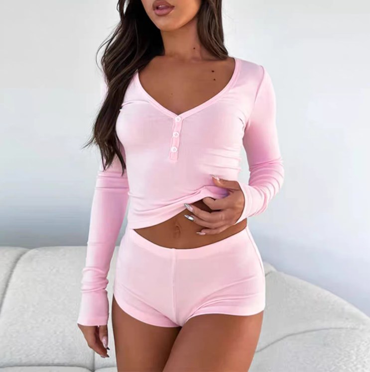 Women's Custom Soft Lounge Pajamas Set Solid Pattern Spring/Summer/Autumn Casual Sleepwear Two-Piece Clothing