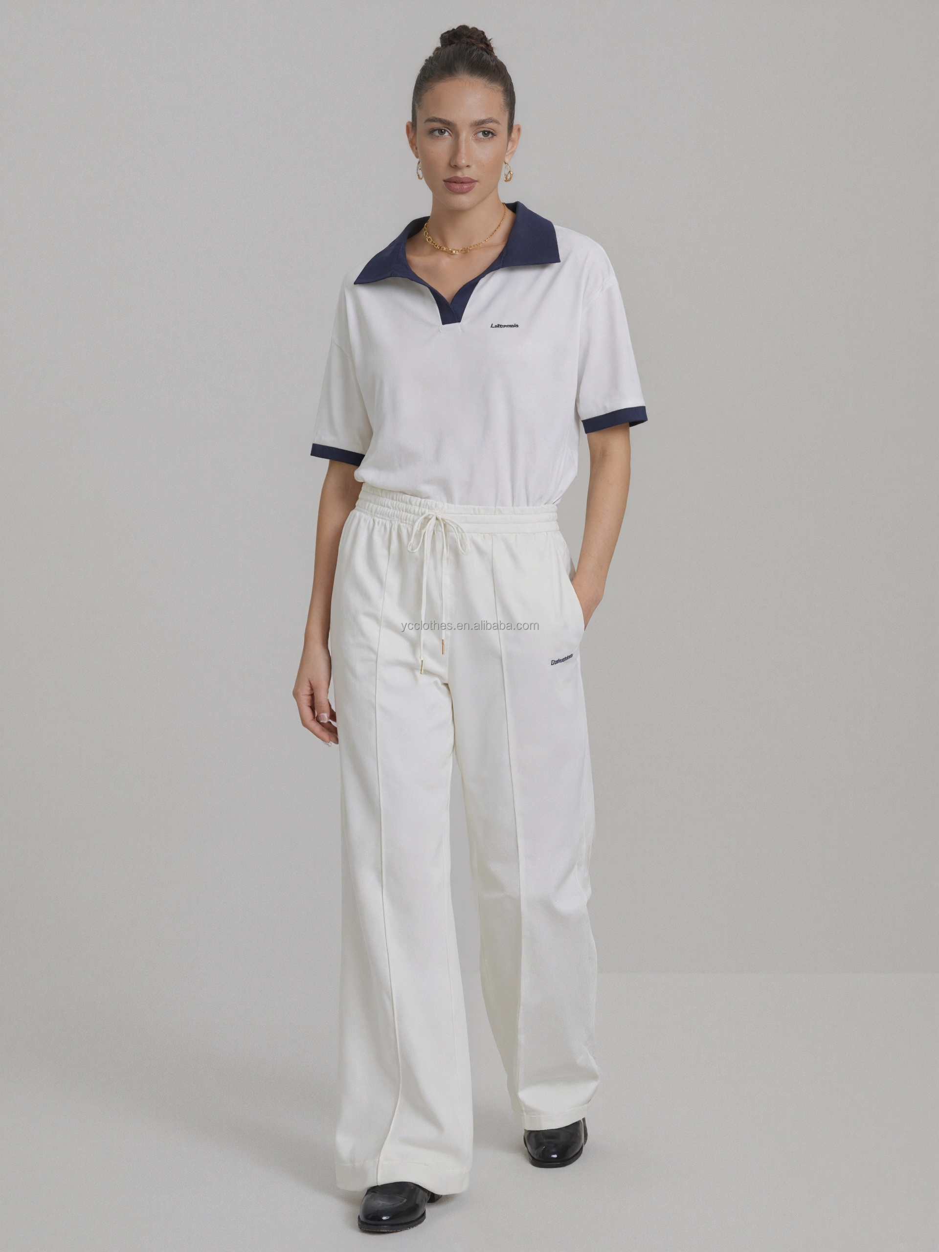 Wholesale Anti-Wrinkle Embroidered Custom Logo Women's Straight Pants Full Length High Waist Elastic Drawstring Casual Lounge