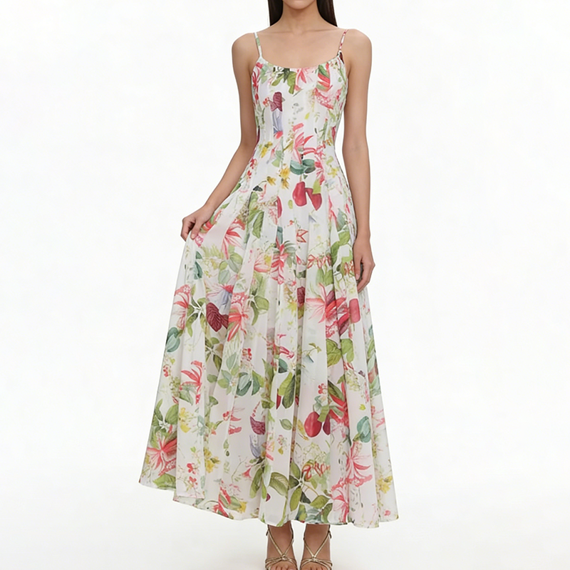 Manufacture Custom Women Resort Wear Slip Long Dress Elegant Slim Fit Empire Waist Summer Floral Print Maxi Boho Beach Dresses