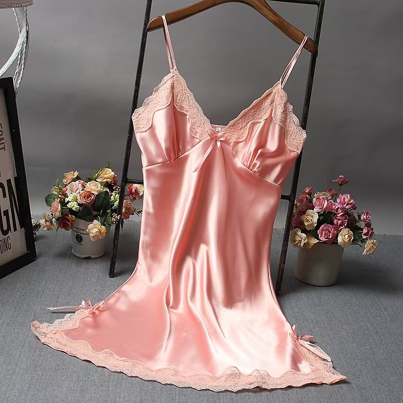 Promotion 2026 V-Neck New Comfortable Women's Intimates Satin Slip Nightgown Lace Trim V-Neck Spaghetti Strap Sleep Dress