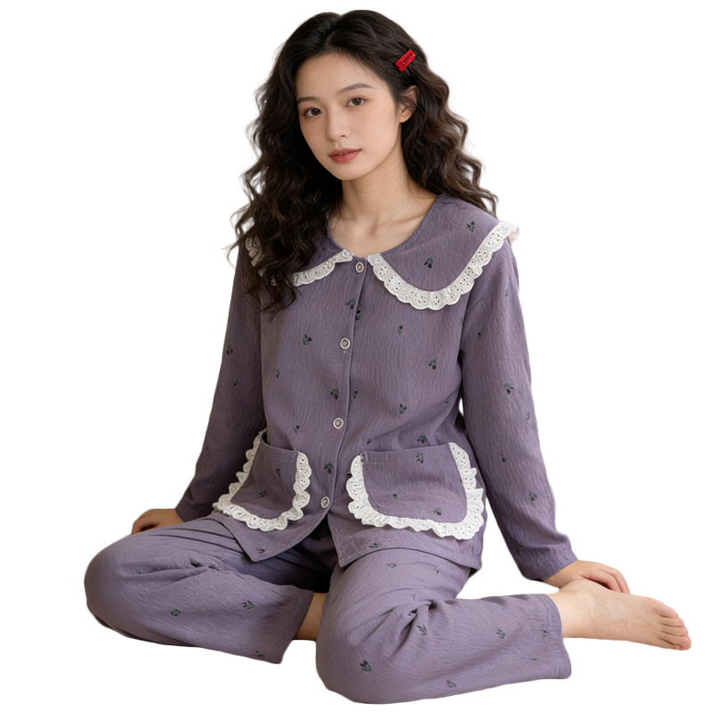 Sweet Floral Print Women's Pajamas With Long Sleeves and Pants Purple Casual Comfortable Loungewear