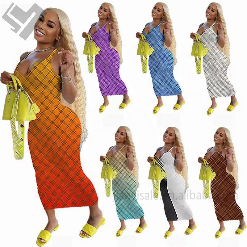 2023 Trendy Summer Women Designer Clothing Letter Print Sexy Bodycon Long Dress Ladies Luxury Casual Sleeveless Maxi Dress