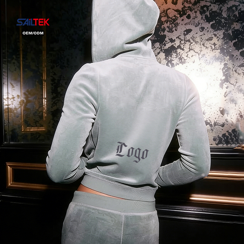 Custom Logo Women Zip up Velour Hoodie Slim Fit Velvet Sweatshirt 2 Piece Set Women Fleece Lounge Wear Hooded Jacket Tracksuit