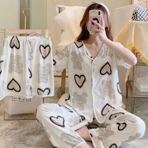 Women's Three-Piece Cardigan Sleepwear Set Spring And Summer Long Pants With Short Sleeves Casual Milk Silk Plaid Woven Suit