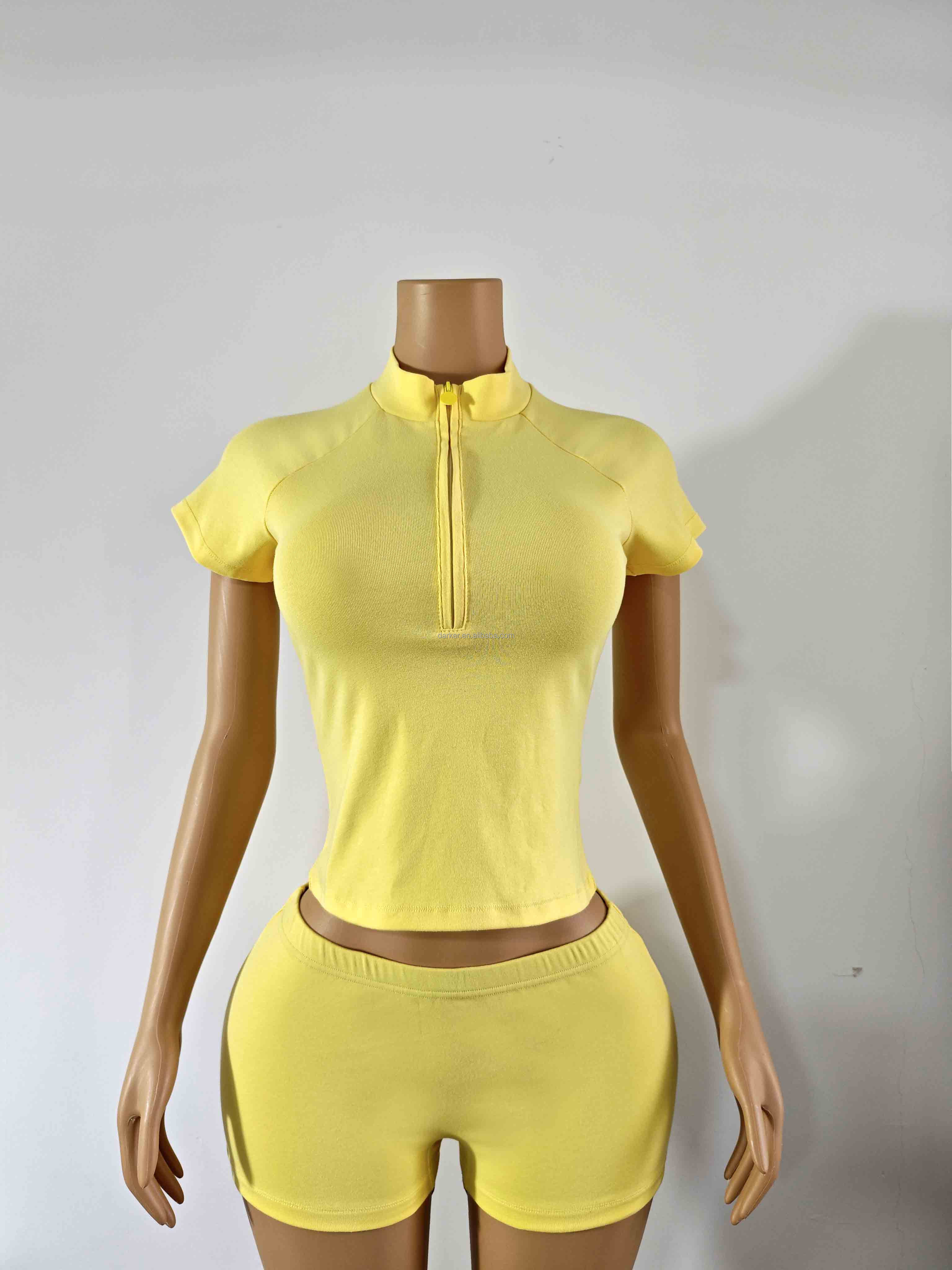 Designer Fashion Women's Summer Cotton 1/4 Zipper T-Shirt Custom Logo Printed Sexy Solid Pattern Above Knee Loungewear Shorts
