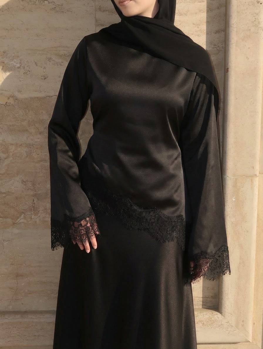Mexizo 2026 Modest Islamic Abaya Women Muslim Clothing Satin Asymmetric Lace Trim Dubai Style Abaya Short Top Women's Clothing