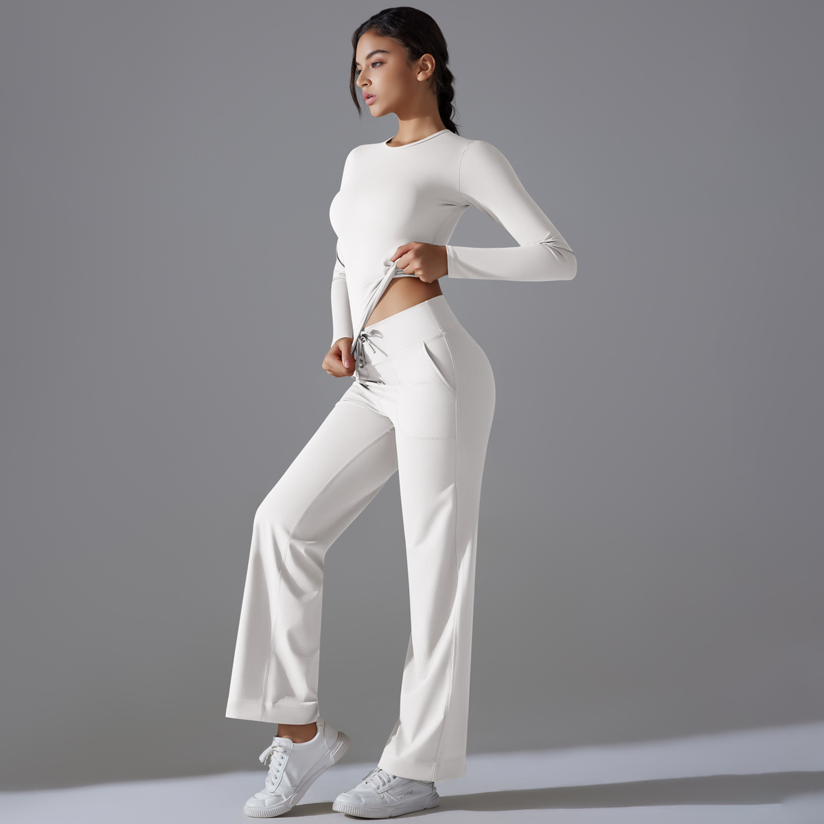 Double Sided Breathable Long Sleeve Wide Leg Sports Fitness Two Piece Front Suit Yoga Suit