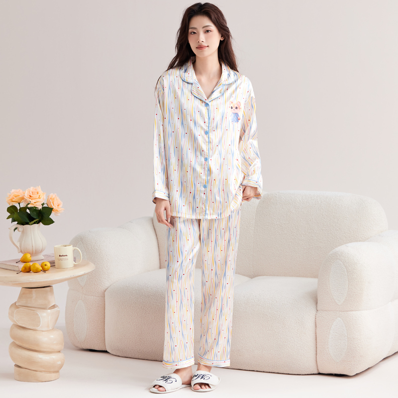 Women's Comfortable Sleepwear Set With Lapel Collar, Silk-like Striped Print, Long Sleeves and Pants