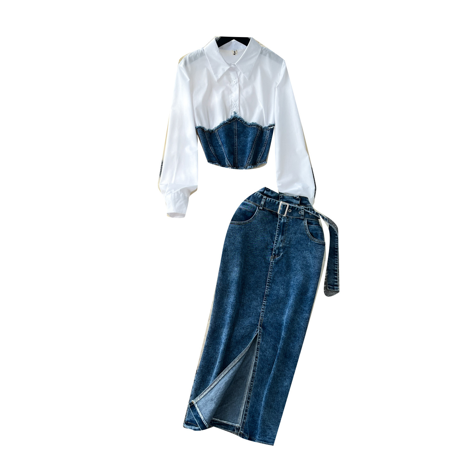 Fashion Splicing Two-piece Long Sleeved Shirt Women's Waistband Waist Cinched Denim Skirt Two-piece Set
