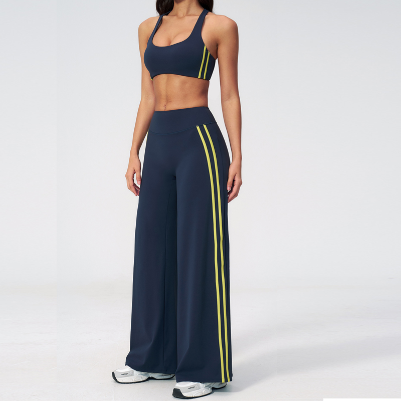 Women's New Medium Waist Solid Loose Pants Racer Back Sports Bra Outdoor Fitness Workout Set With Two Bars on Both Sides
