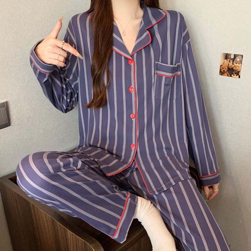 Spring Autumn Women's Long-Sleeved Knitted Pajama Set with Elastic Waistband Stripes Soft Comfortable for Casual Home Wear