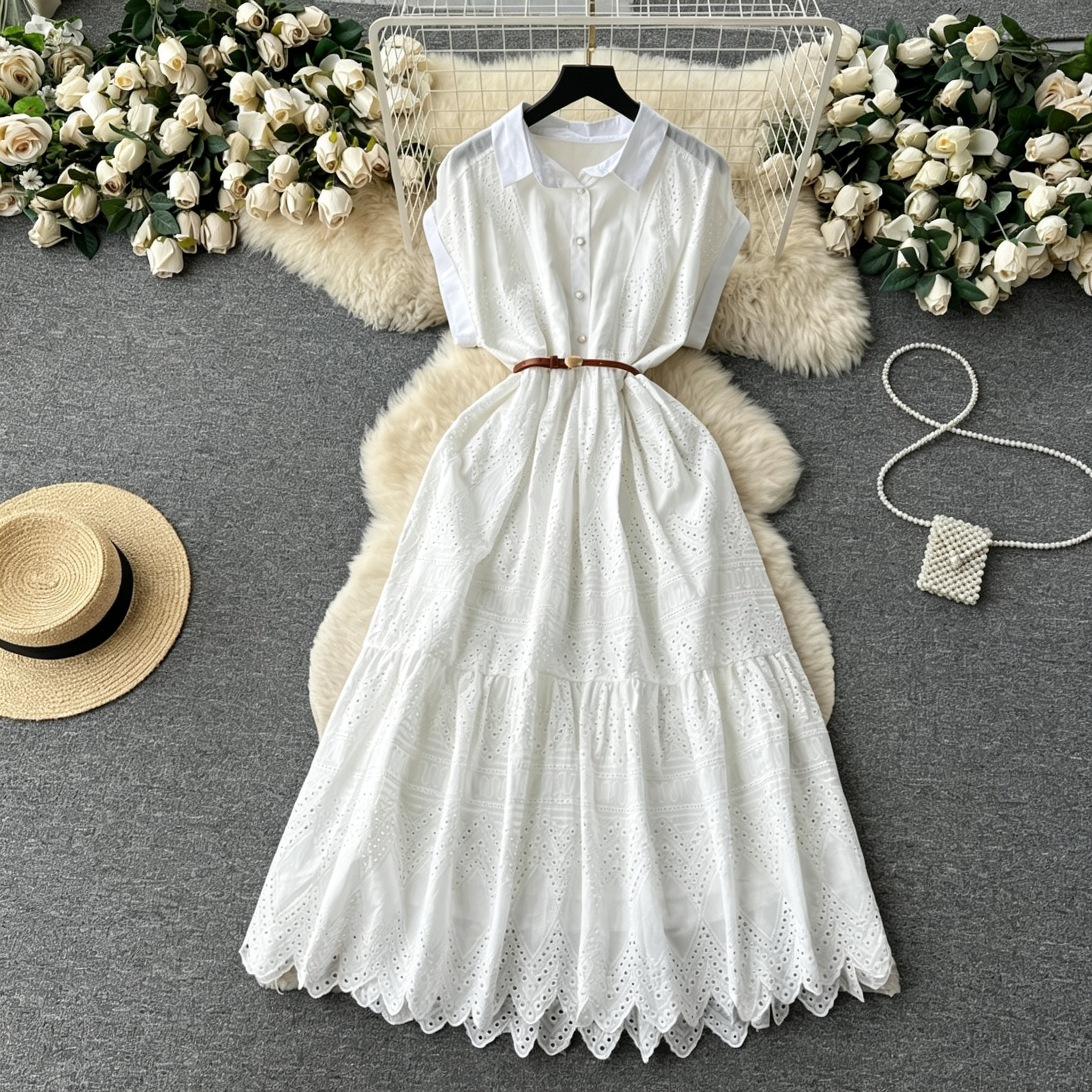 Women's Elegant Eyelet Lace Shirt Dress Embroidery Midi Dress Short Sleeve Ruffle A-Line Boho Vacation Apparel
