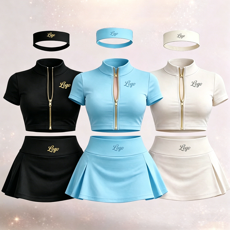 2026 Women Two Piece Set Custom Logo Color Zipper Outfits Activewear Skinny Clothing Jacket Mini Skirts Tracksuit Set