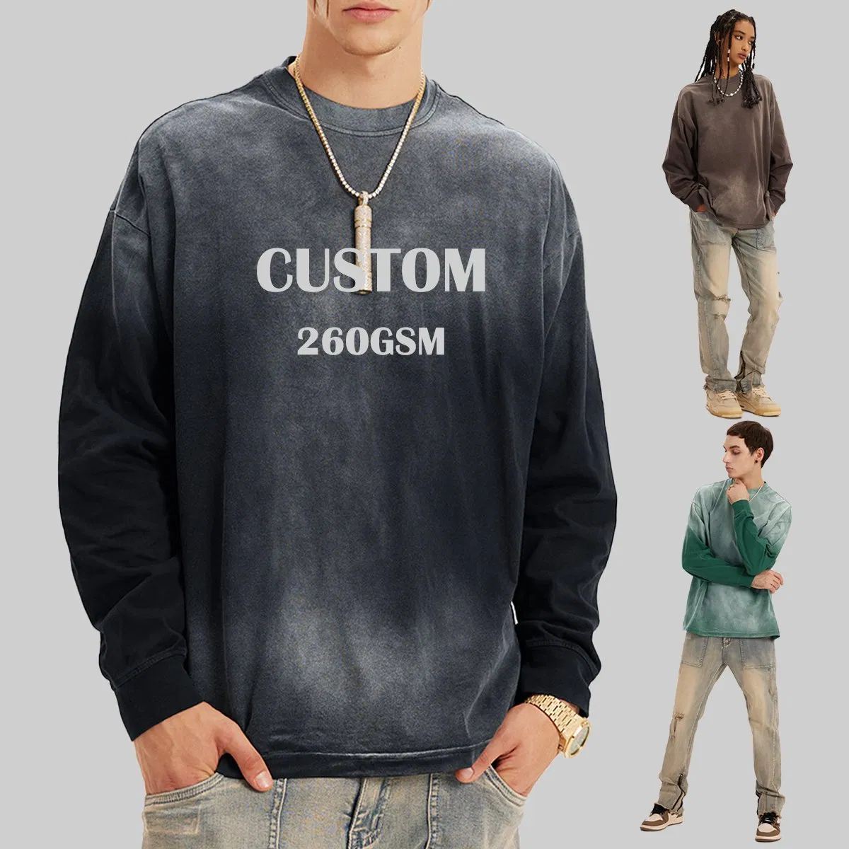 Apparel Wholesale Men 100% Cotton 260g Heavyweight High Quality Vintage Washed Oversized Blank Streetwear Custom Puff Print Designer Long Sleeve Tee Shirt