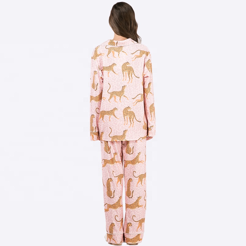 Custom Women Loungewear Manufacturer Sleepwear Pajamas Pants Set Spring and Autumn Leopard Printed Shirt Pajama Set
