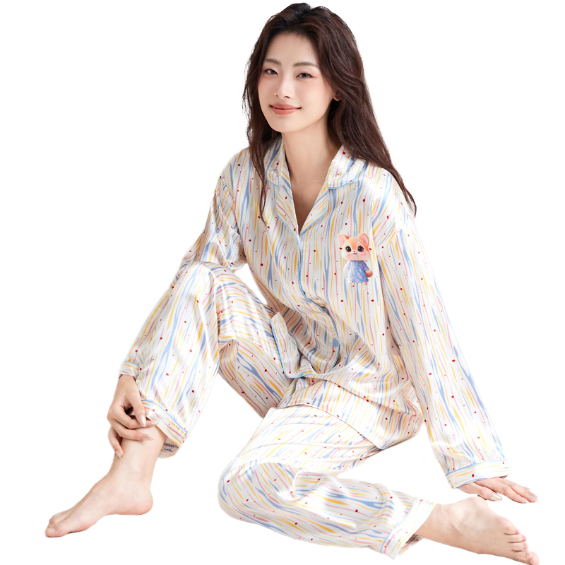 Women's Comfortable Sleepwear Set With Lapel Collar, Silk-like Striped Print, Long Sleeves and Pants