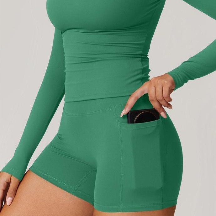 Women's Solid Quick-Dry Yoga Fitness Clothing Outdoor Sports Crew-Neck Long-Sleeve Slim-Fit Pocketed Drawstring Front Shorts Set