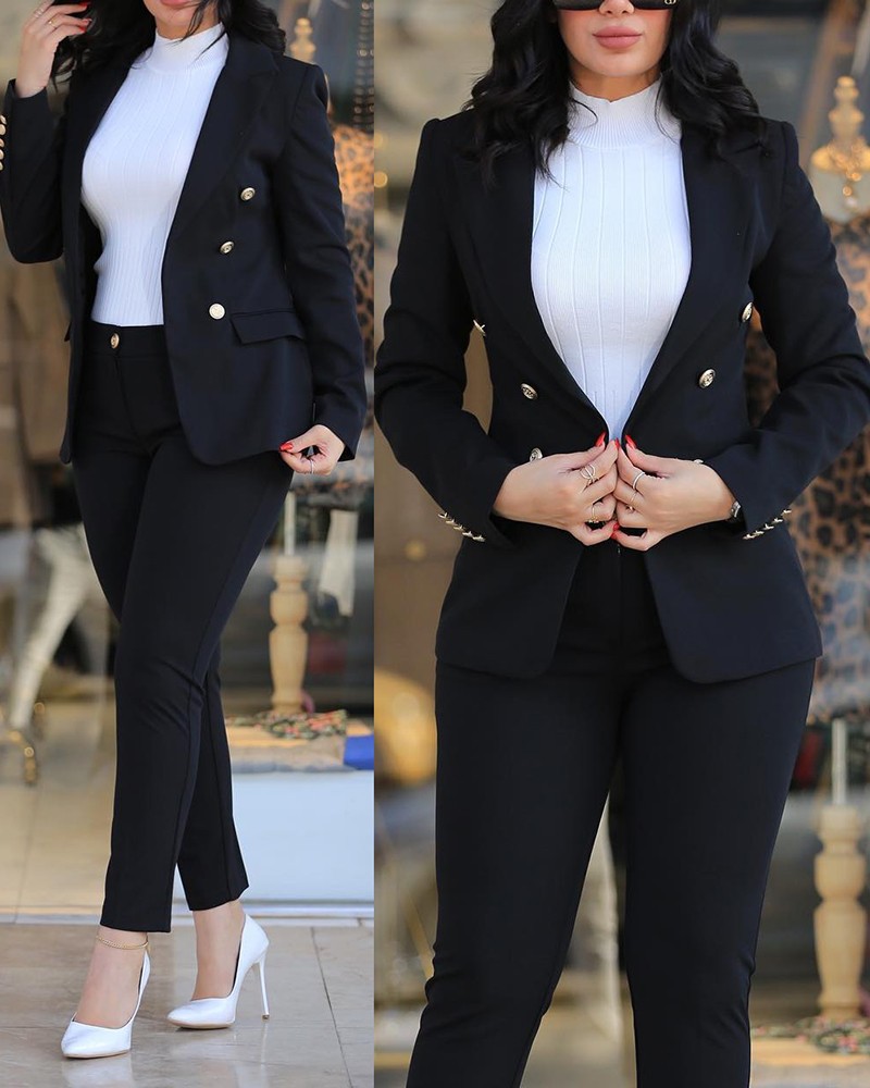 Women's Business Casual Two-Piece Set Long Sleeve Fashion Suits Pants Solid Pattern Polyester Outfit Button Daily Wear