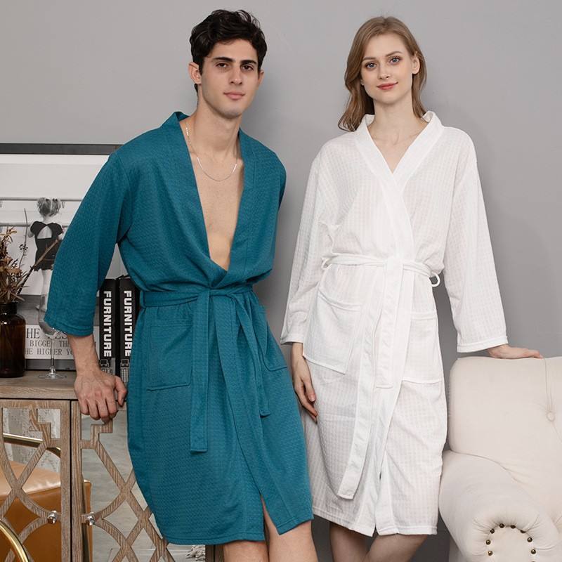 Women's Breathable Solid Autumn Waffle Bathing Robe Sauna Suit Thin Full-Length Nightgown V-neck 100% Polyester Front Elastic