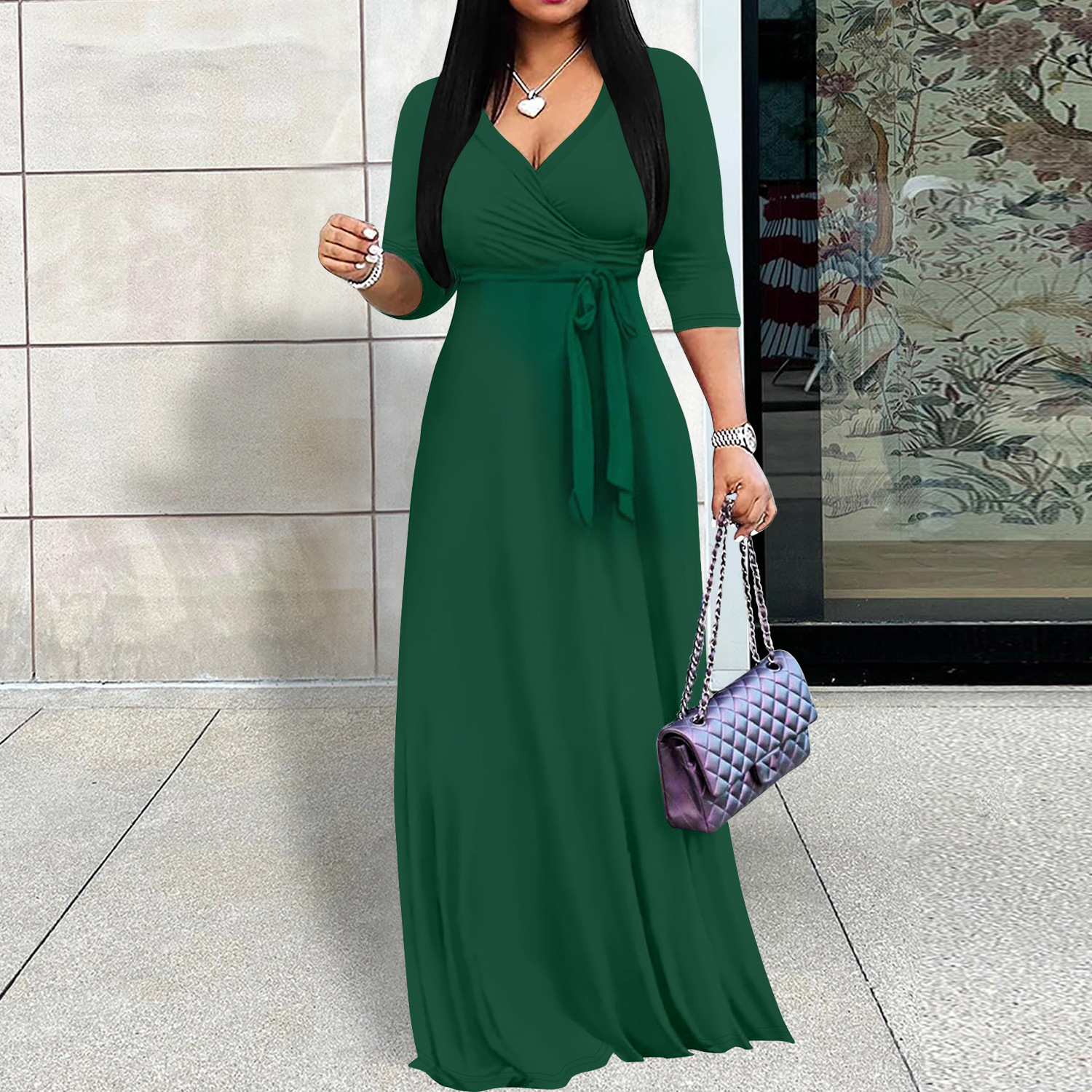 Women's Summer Fashion Trendy and Simple Solid-color V-neck Belt-adorned Business Dress