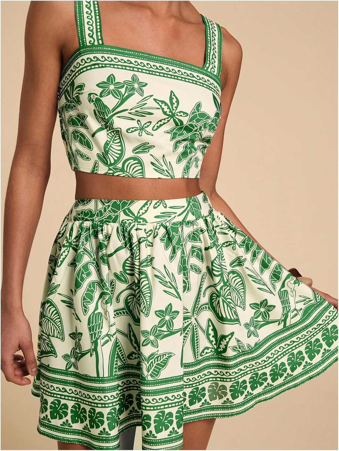 Floerns Women's Two Piece Outfit Tropical Crop Cami Top And Above Knee Summer Skirt Set 95% Polyester 5% Elastane