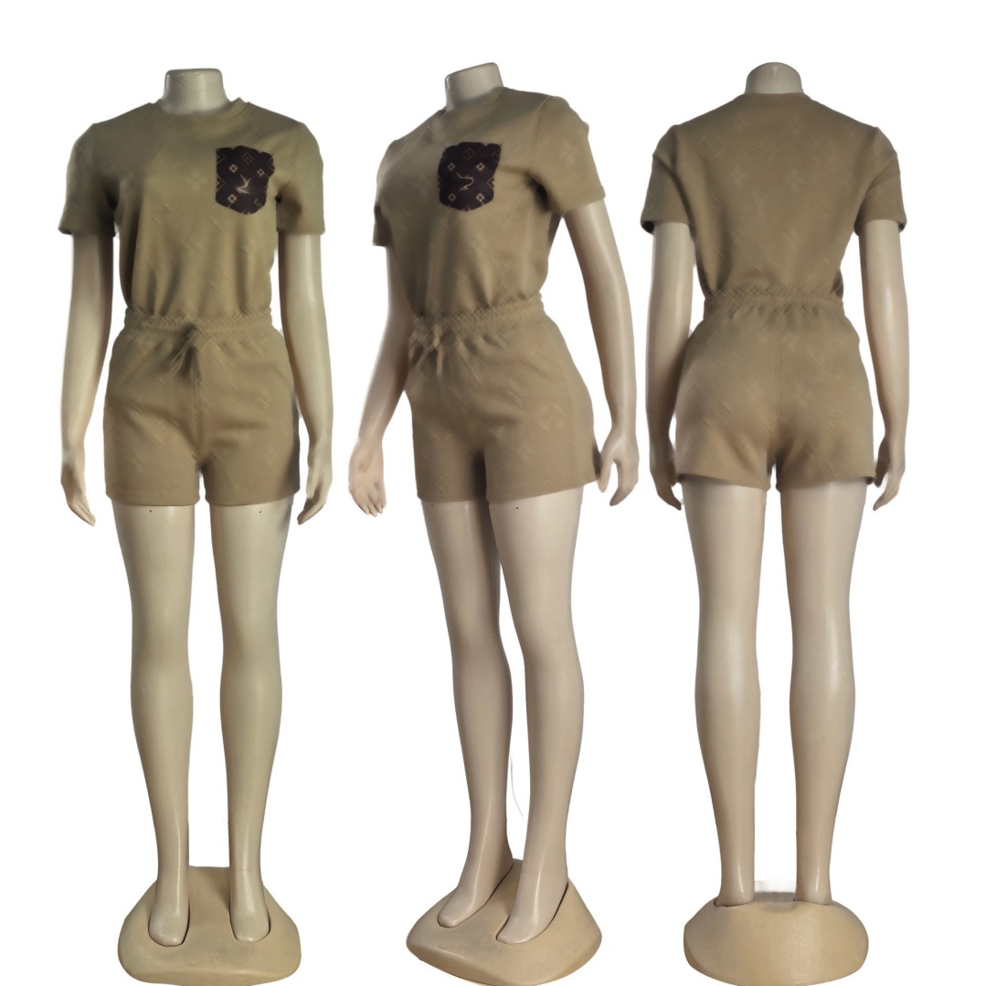 2025 Luxury Brand Women's Summer Tracksuits Set Designer Print Short Sleeve Above Knee Casual Embossed 100% Cotton Shorts Set
