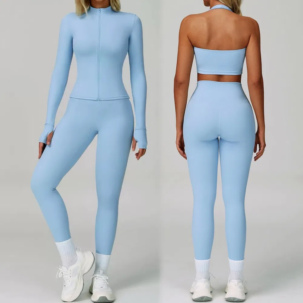 New Premium 2/3PCS Fashion Workout Clothes Ropa De Yoga Fitness Apparel for Women, Halter Neck Sports Bra + Long Sleeve Zipper Jacket + Gym Leggings Tracksuit