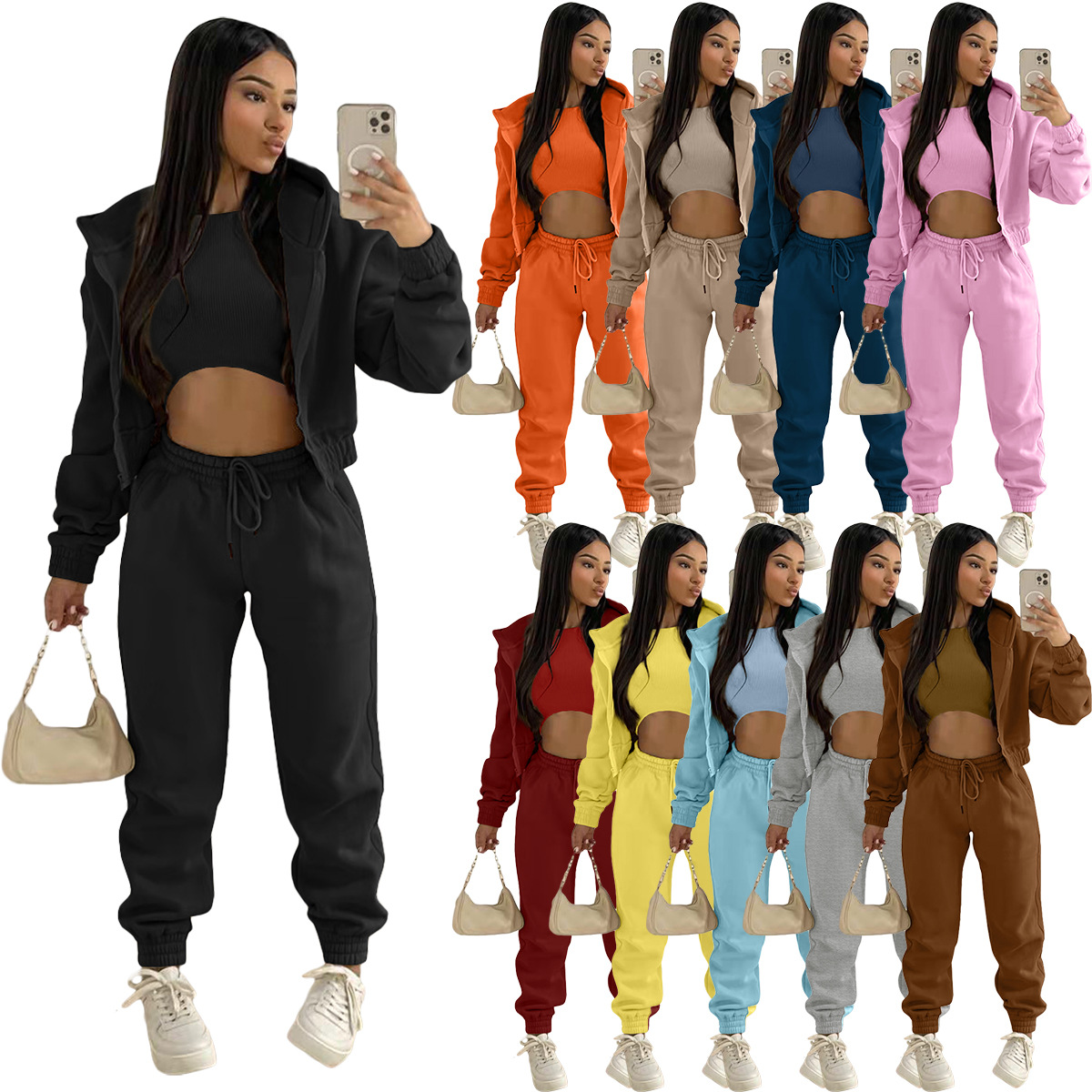 European and American Women's Le Costume Sportif 3-piece Pants Hoodie Sports Fashion Casual Winter Sportswear Set