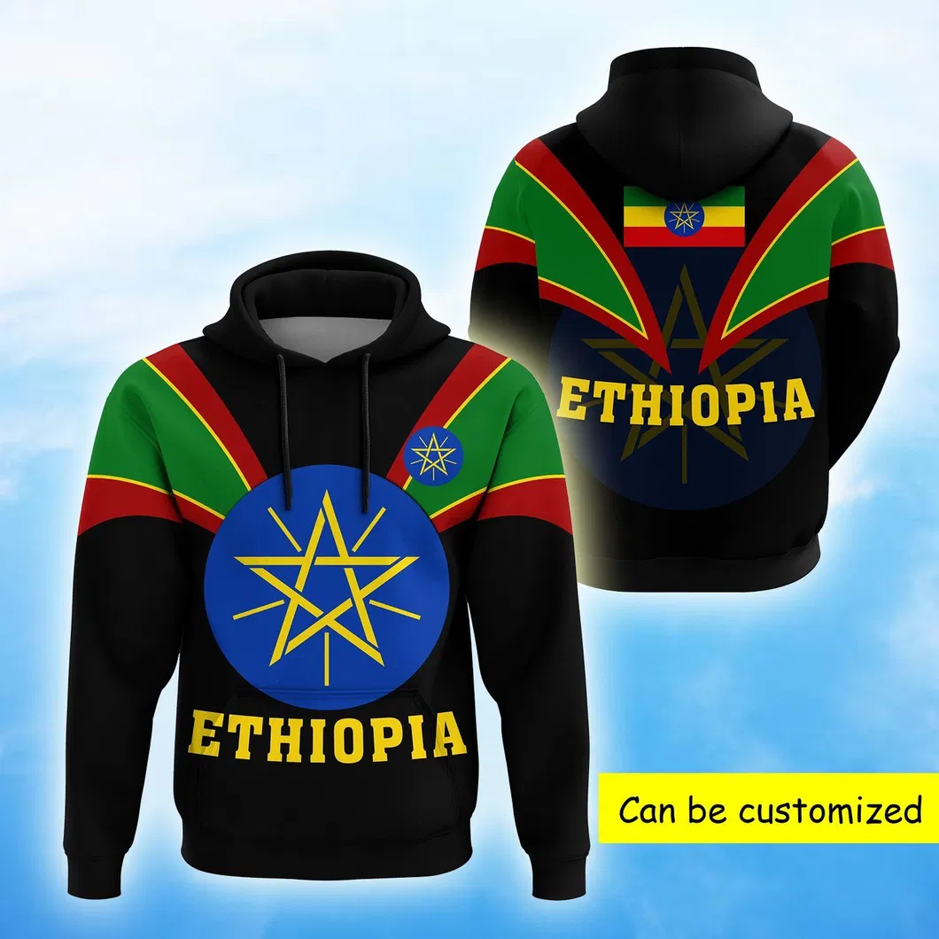 Wholesale Pullover Fleece Hoodies Ethiopian Flag Leisure Apparel Printing Embroidery Hoodie Sweatshirts Streetwear Oversized