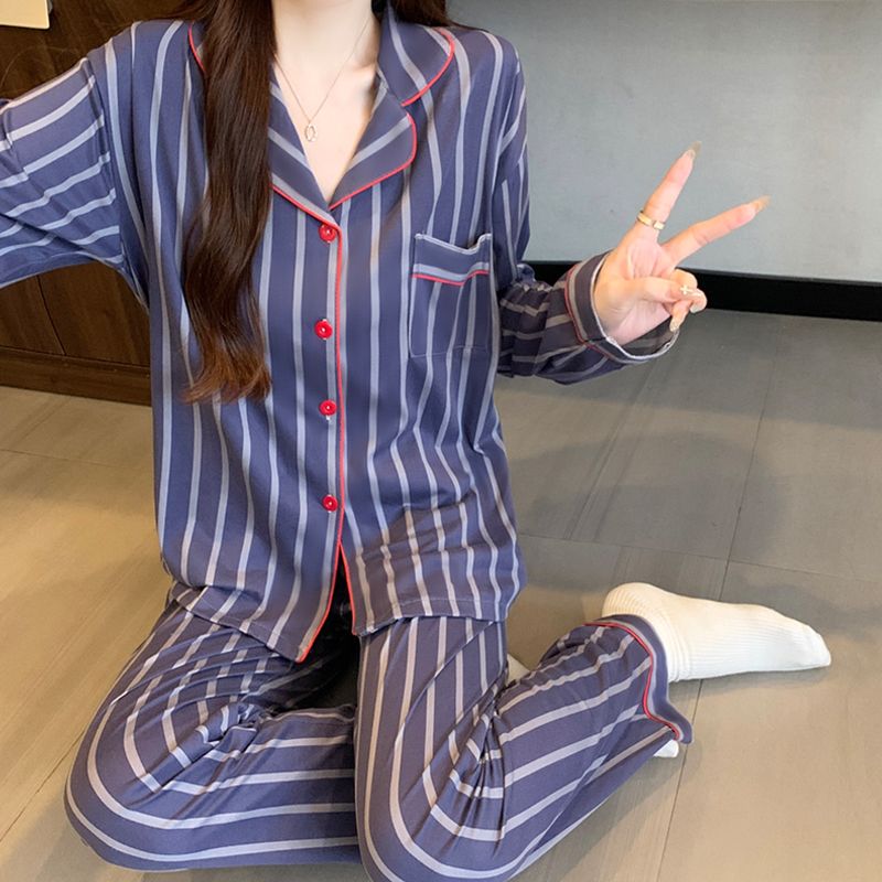 Spring Autumn Women's Long-Sleeved Knitted Pajama Set with Elastic Waistband Stripes Soft Comfortable for Casual Home Wear