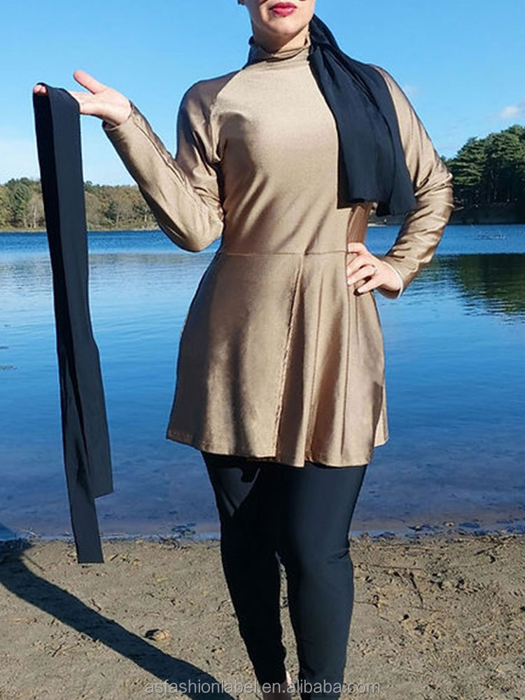 Custom OEM Burkini 3 Piece Set Women Mock Neck Peplum Top Quick Dry Long Sleeve Hijab Champagne Muslim Swimsuit Modest Swimwear