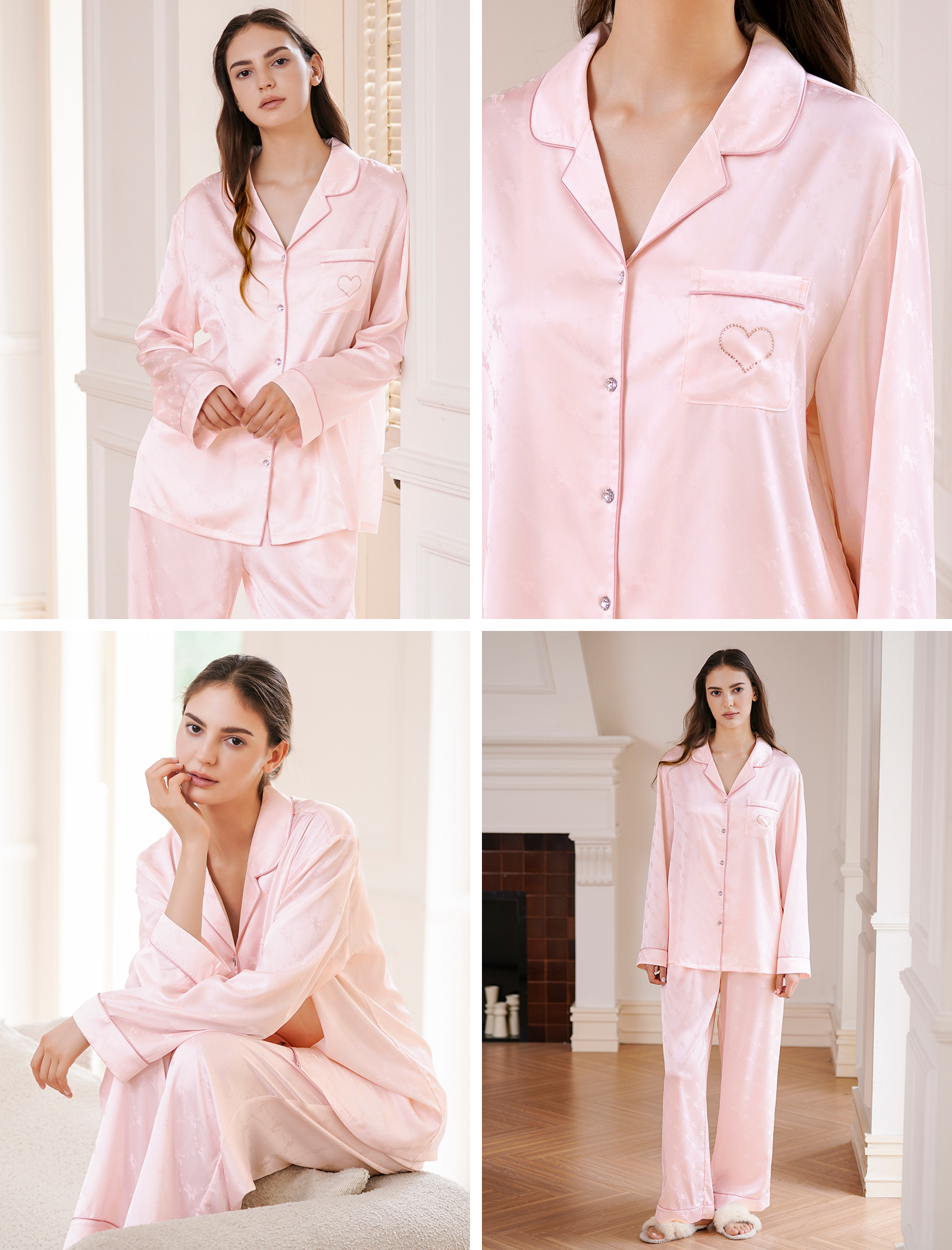 Women's Pink Satin Pajama Set with Heart Pocket Long Sleeve Elegant Loungewear Sleepwear