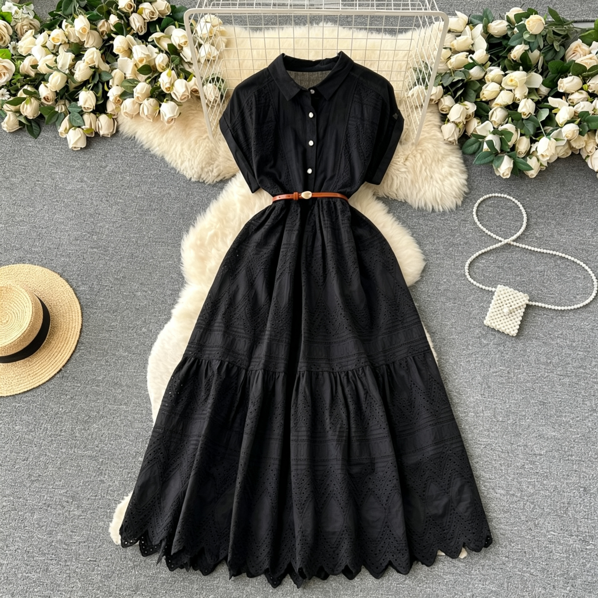 Women's Elegant Eyelet Lace Shirt Dress Embroidery Midi Dress Short Sleeve Ruffle A-Line Boho Vacation Apparel