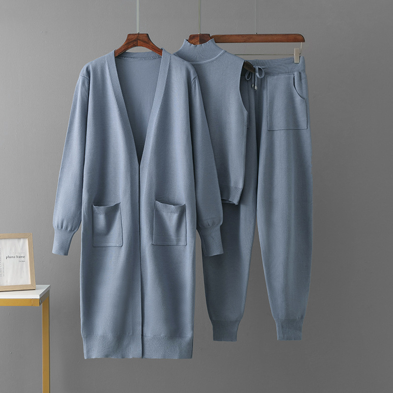 3 Piece Knit Set Muslim Women's Spring Abaya Long Cardigan Knitted Vest Loose Pants with Pocket Fashion Ladies Sweater Suits