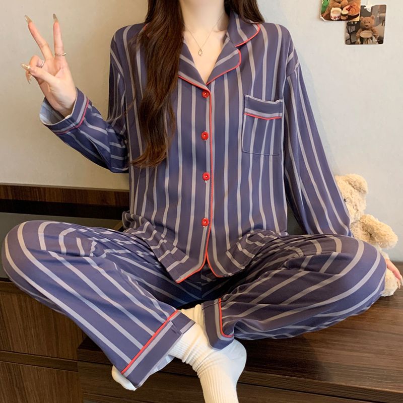 Spring Autumn Women's Long-Sleeved Knitted Pajama Set with Elastic Waistband Stripes Soft Comfortable for Casual Home Wear