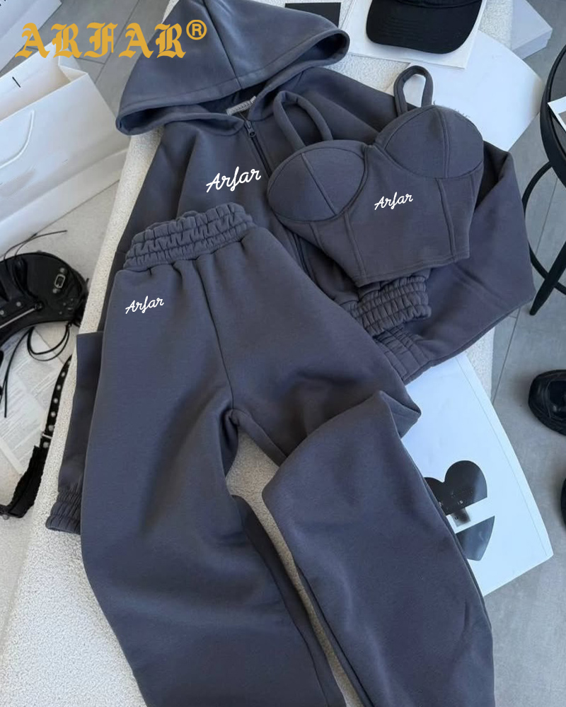 Custom Luxury Designer Brand Women Clothing 2026 New Arrivals Solid Bra Hoodie and Sweat Pants 3 Piece Set Women's Tracksuit