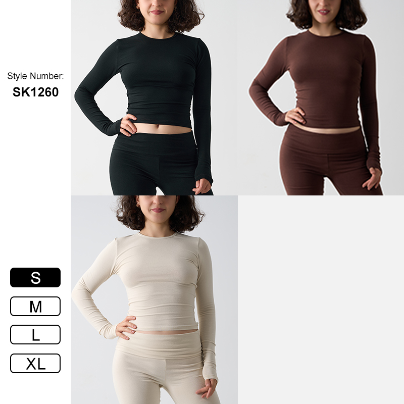 Sk1260 Women's Long Sleeve Lounge Crewneck Crop Top Slim Fitted Cotton T Shirt Workout Gym Yoga Running Shirts for Women