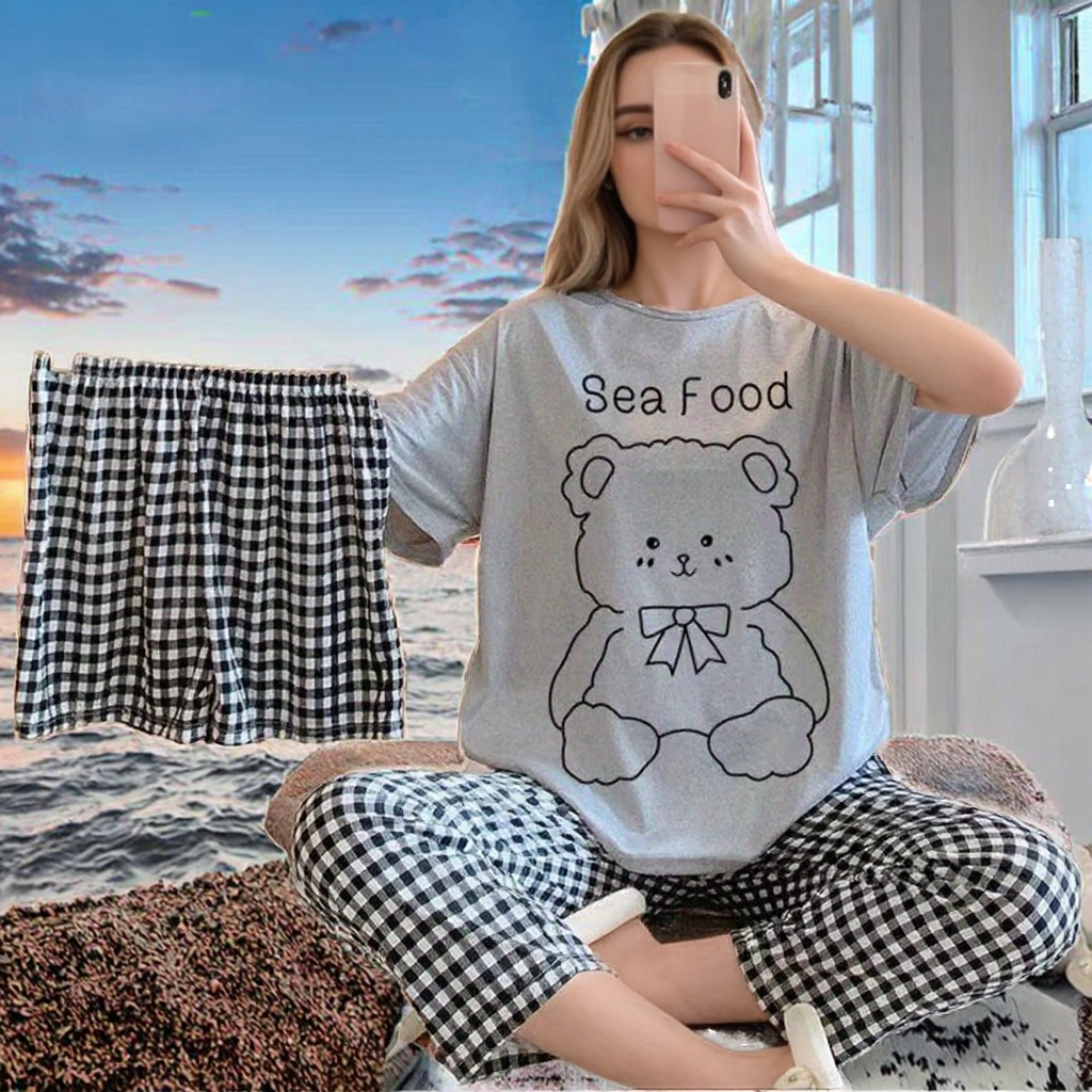 Women's Fashion Print 3-Pcs Loungewear Pajama Set Leopard Floral Pattern Short-Sleeved Nightgown Autumn Elastic Waist Modal