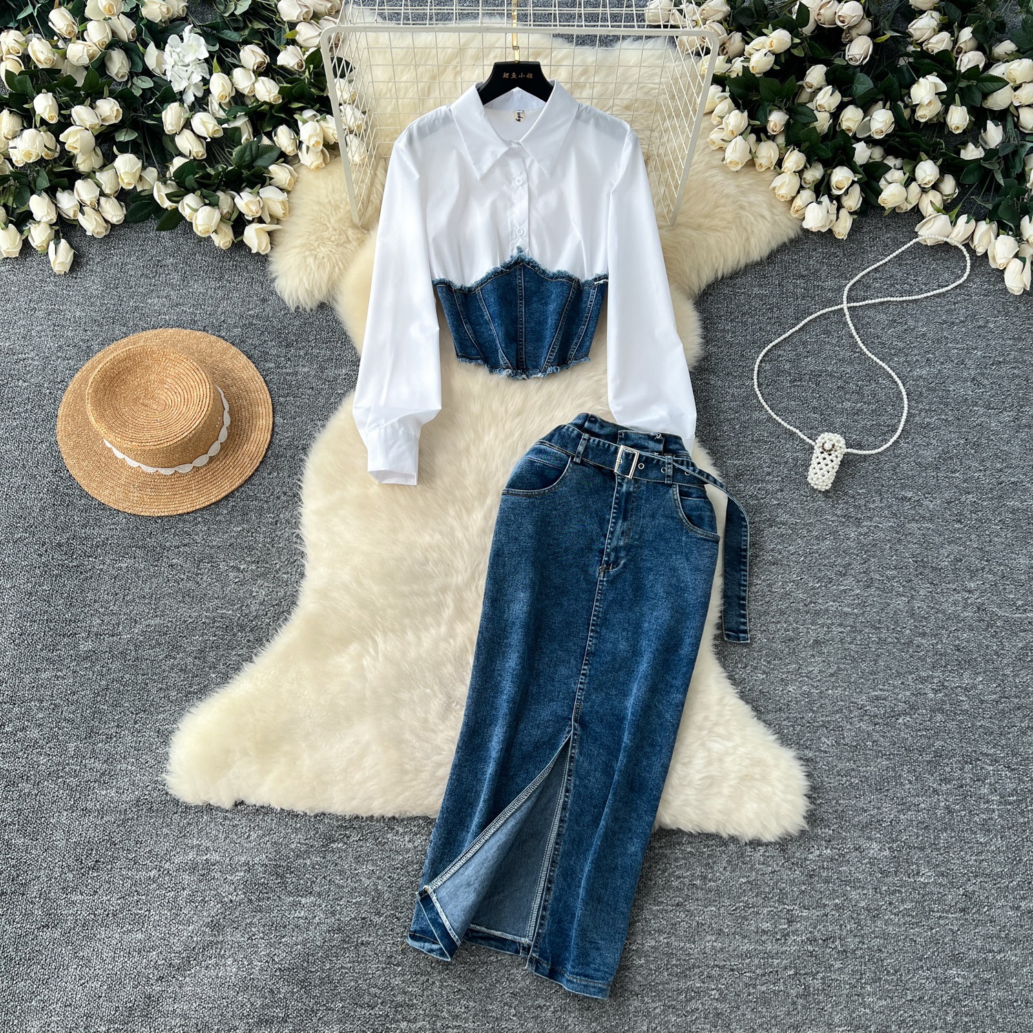 Fashion Splicing Two-piece Long Sleeved Shirt Women's Waistband Waist Cinched Denim Skirt Two-piece Set