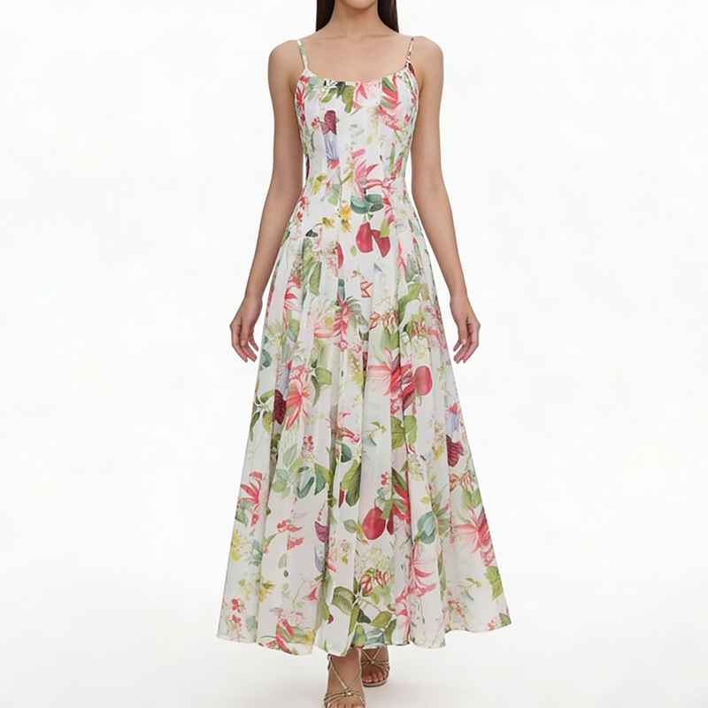 Manufacture Custom Women Resort Wear Slip Long Dress Elegant Slim Fit Empire Waist Summer Floral Print Maxi Boho Beach Dresses