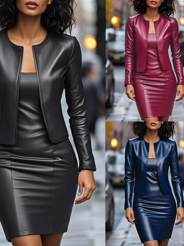 New Stylish and Elegant High-waisted Slim-fit Business Casual Long-sleeved PU Leather Coat Short Skirt Women's Set