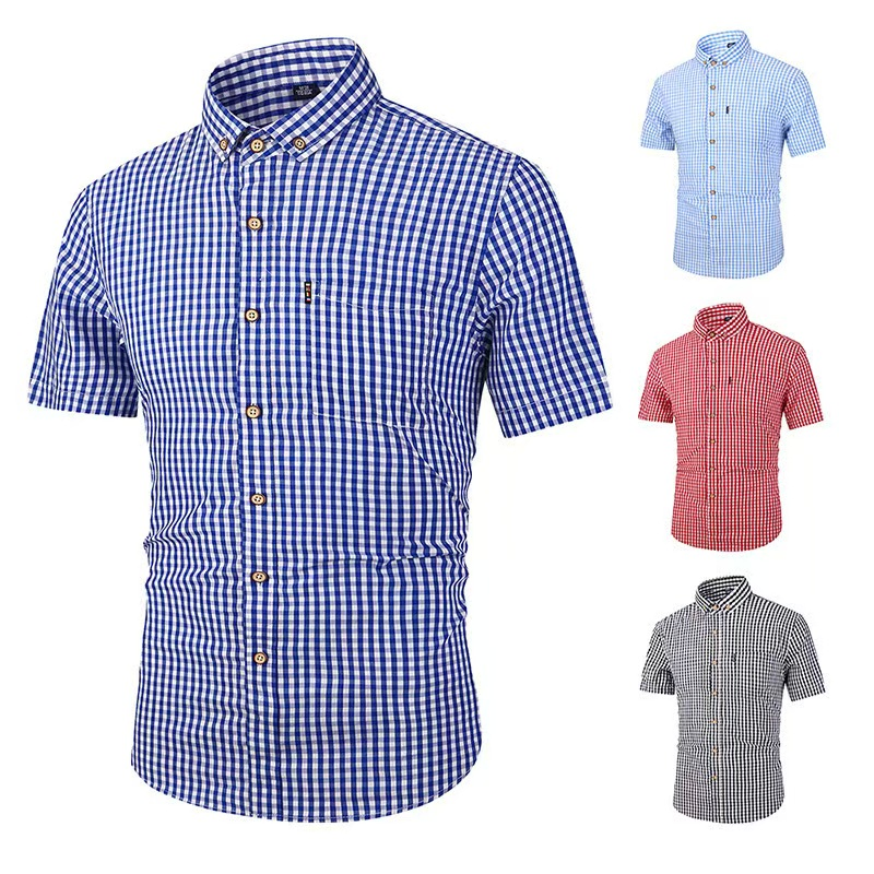 Custom Blue Checked Short Sleeve Men's Clothing Cotton Apparel for Man