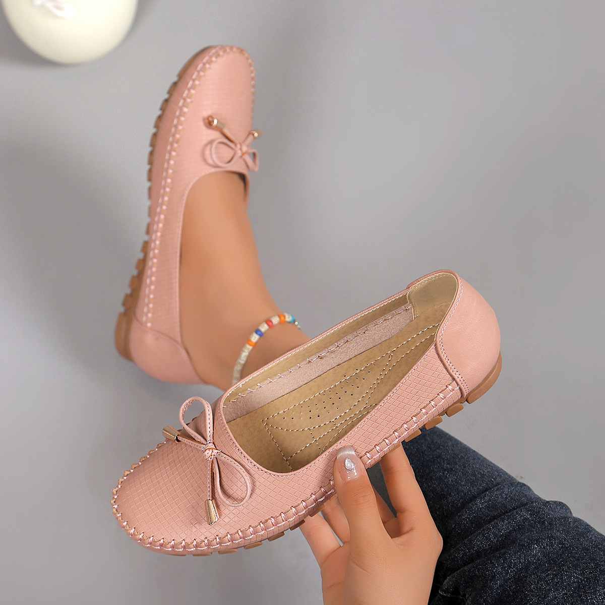 Comfortable Pink Women's Loafers, Lizard Pattern Slip-On Flats With Bow, Hand Stitched Flexible TPR Sole Casual Office Shoes