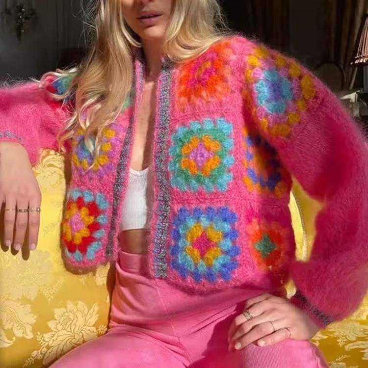 2024 Cropped Vintage Grandma Square Floral Y2K Button Custom Women's Modest Cardigan Mohair Knit Sweater