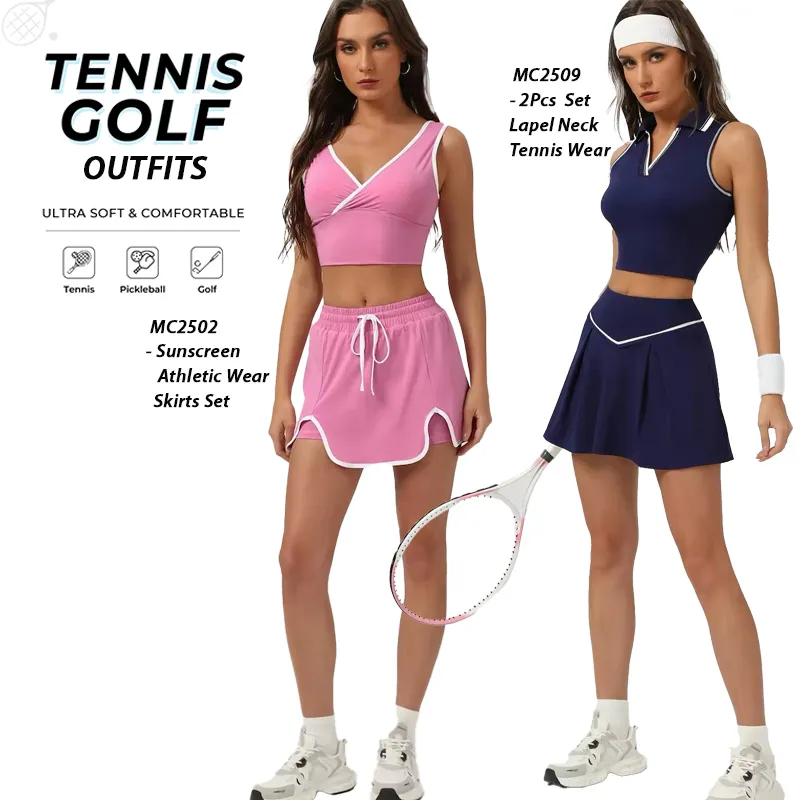 Latest Fancy and Sexy V Neck Pedal Tennis Apparel for Women, 2 Piece Flowy Hem Athletic Skirt with Sleeveless Lapel Collar Padded Crop Top Golf Workout Outfits