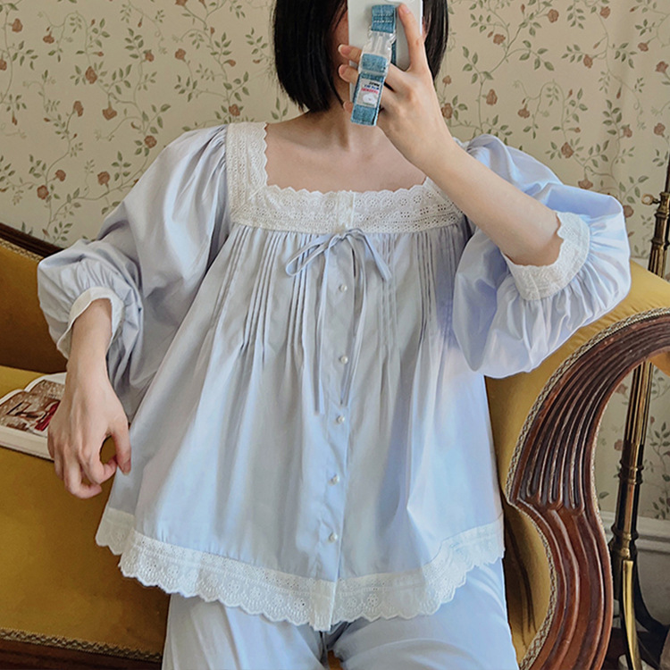 Retro Elegant Accordion Pleated Square Collar Cotton Long Sleeve Homewear Pajamas Set Women's Spring Autumn New Loose Sweet