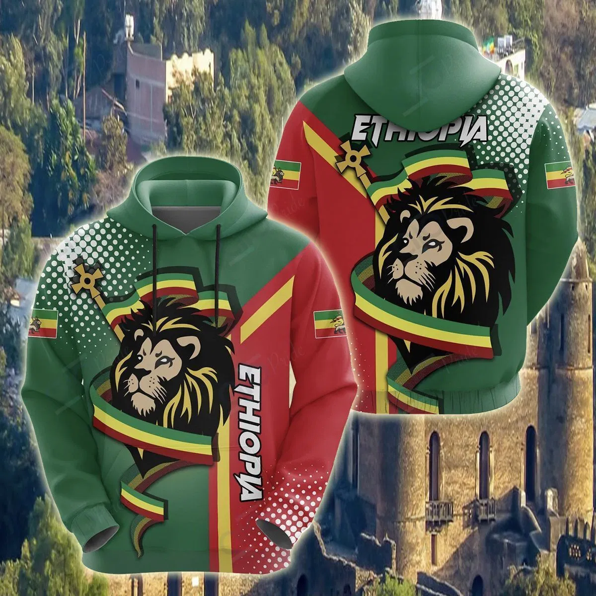 Wholesale Pullover Fleece Hoodies Ethiopian Flag Leisure Apparel Printing Embroidery Hoodie Sweatshirts Streetwear Oversized