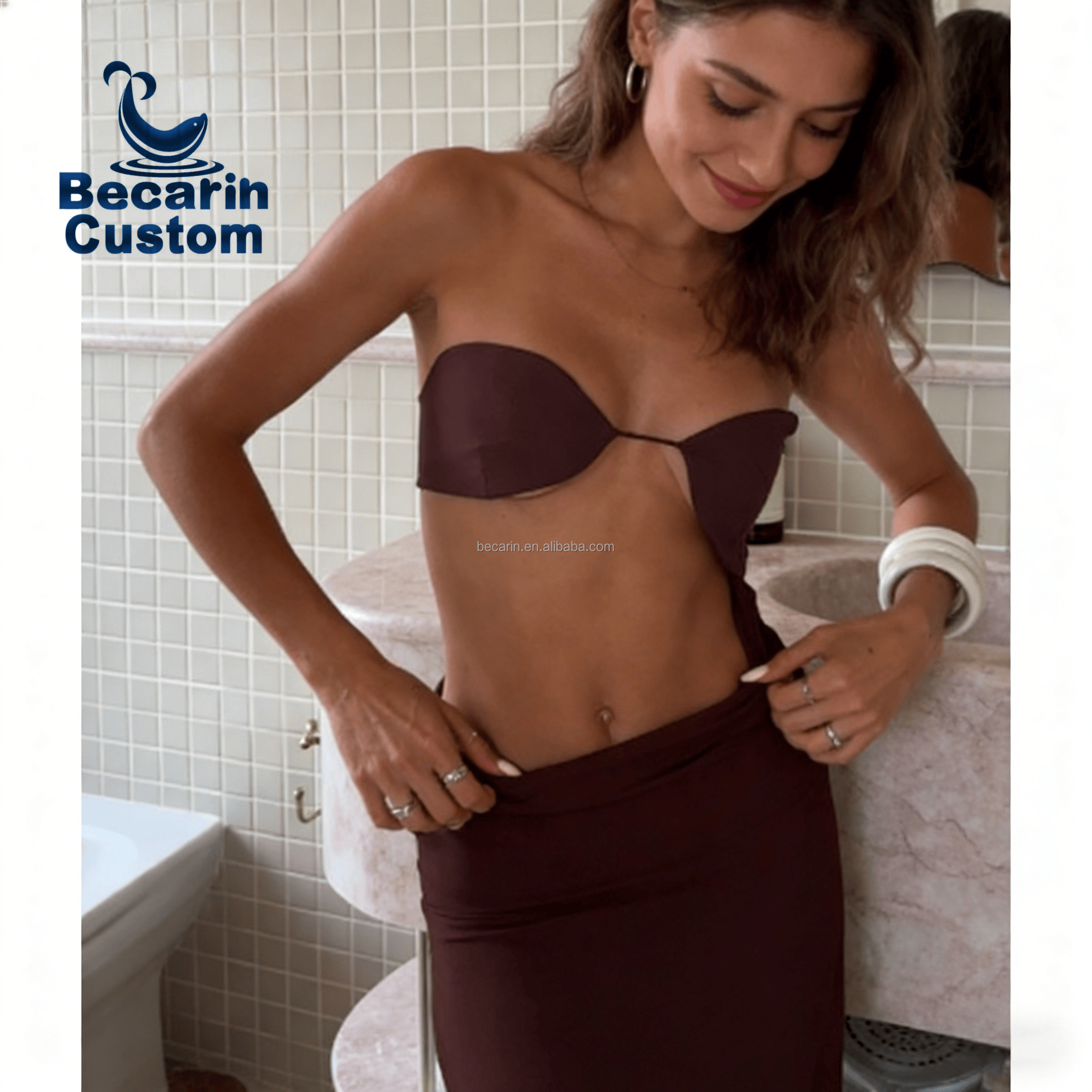 OEM 2026 New Bandeau Cutout Slit Non-Slip Beach Swim Dress Sexy One-Piece Maxi Dress Solid Slim-Fit Resort Bathing Suit Cover up