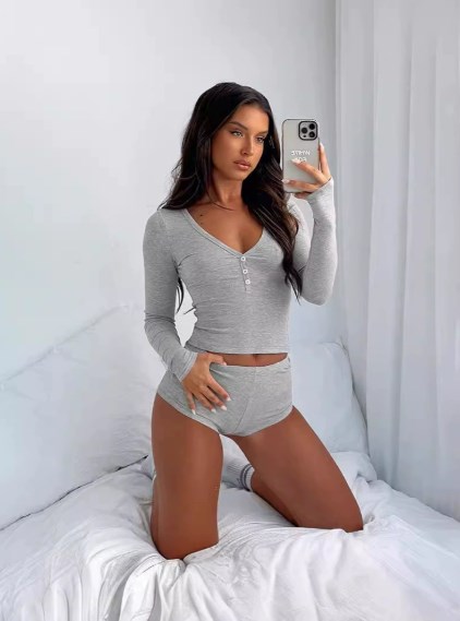 Women's Custom Soft Lounge Pajamas Set Solid Pattern Spring/Summer/Autumn Casual Sleepwear Two-Piece Clothing